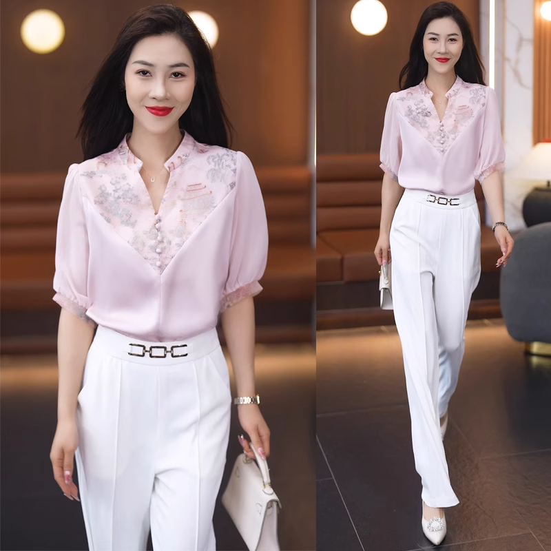 拉夏贝尔女2025夏季新款气质新中式时尚套装显瘦衬衫阔腿裤两件套