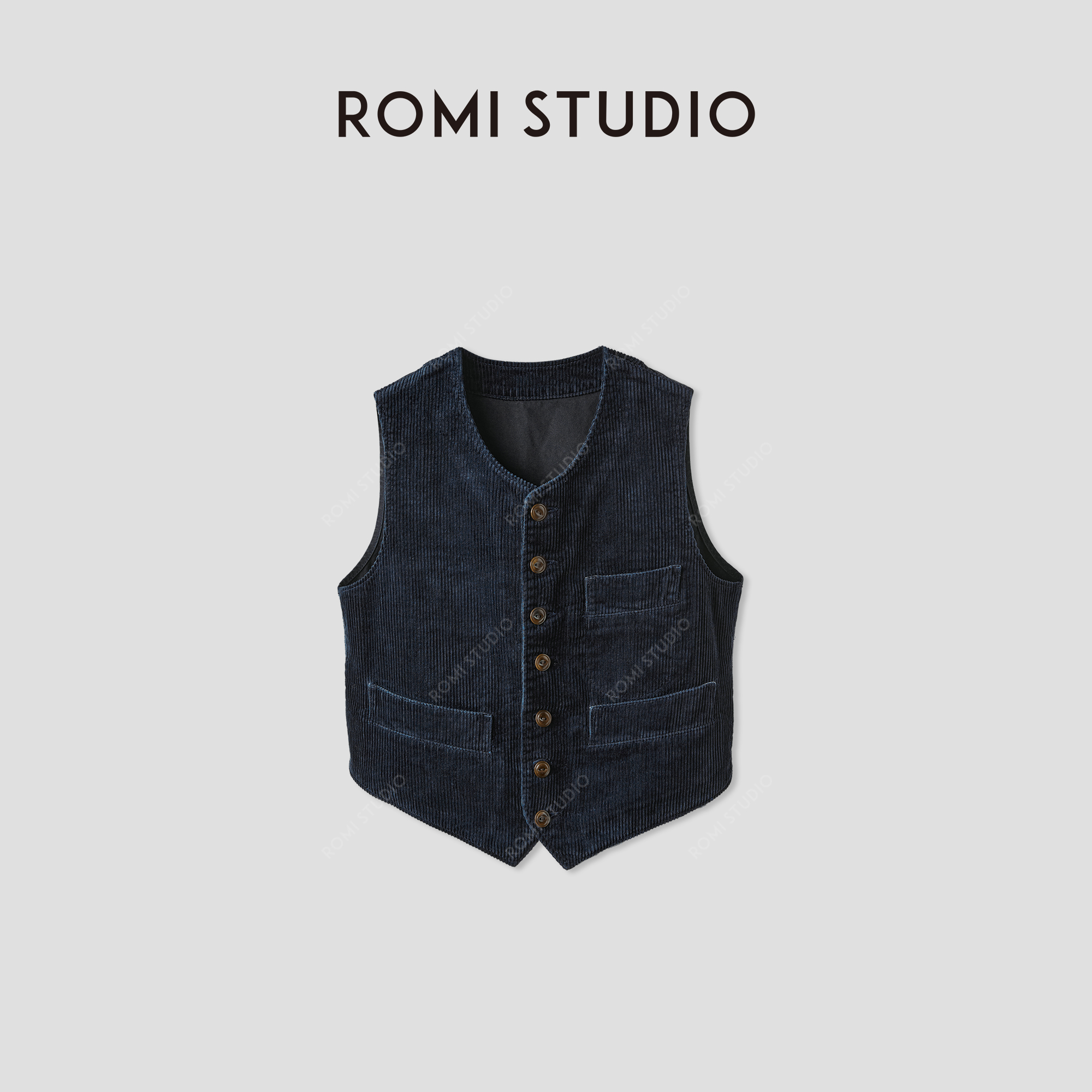 ROMI STUDIO复古灯芯绒马甲高密弹力坑条三口袋马夹 RWCAW86449