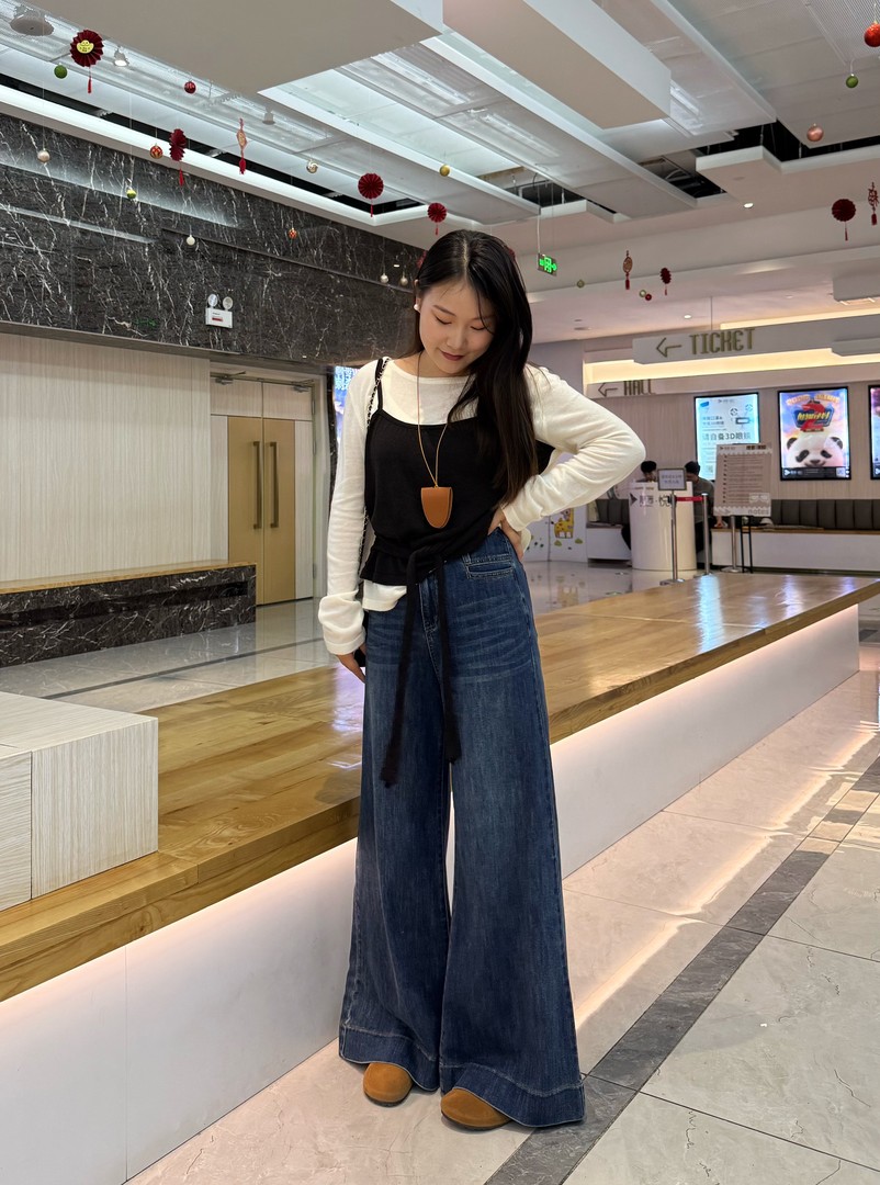 复古流光风喇叭牛仔裤女弹力高腰显瘦大码胖mm秋季上新宽松拖地裤