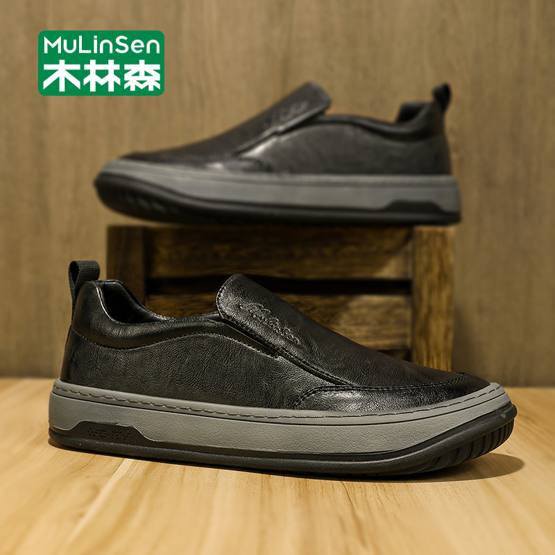 木林森皮鞋男款2025新款一脚蹬豆豆鞋商务休闲软底男士乐福鞋