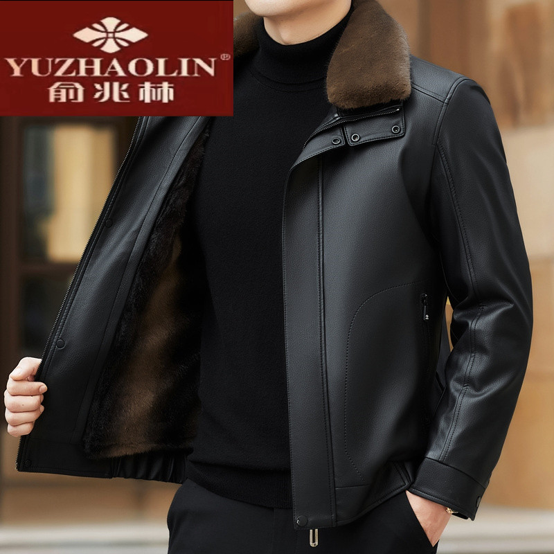 俞兆林冬季男士加绒加厚保暖外套中年爸爸时尚皮衣中老年