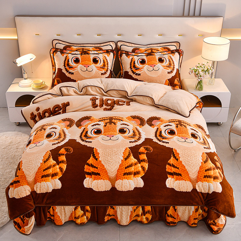 爱哩屋5D秋冬加厚床裙款卡通牛奶绒四件套保暖双面绒床单学生宿舍