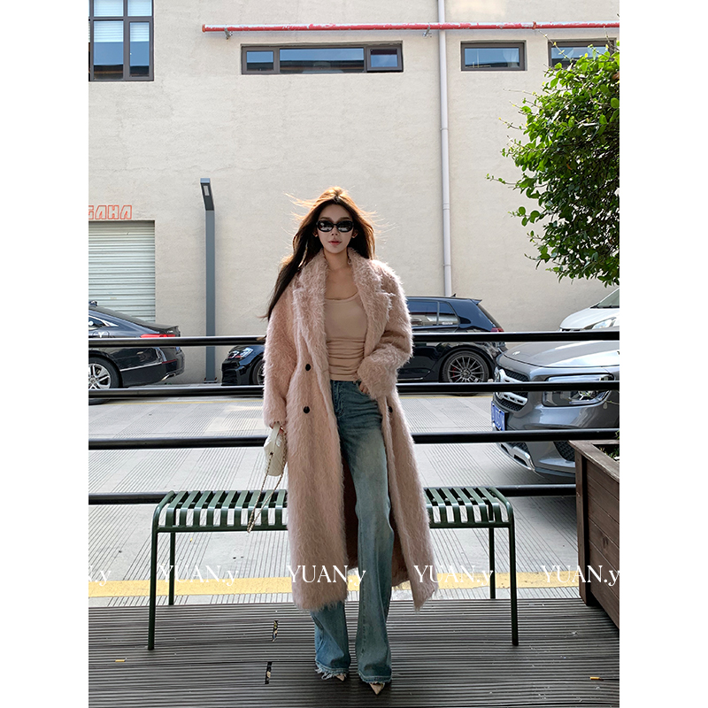 媛媛【明晰而纯粹】毛茸茸呢子大衣女秋冬中长款气质毛呢外套#W0959