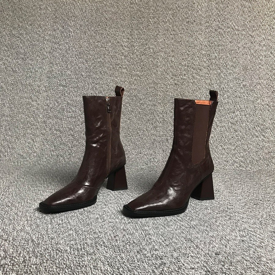 【DR设计师联名款】2025秋冬新款小方头粗跟高跟短靴女侧拉链马丁