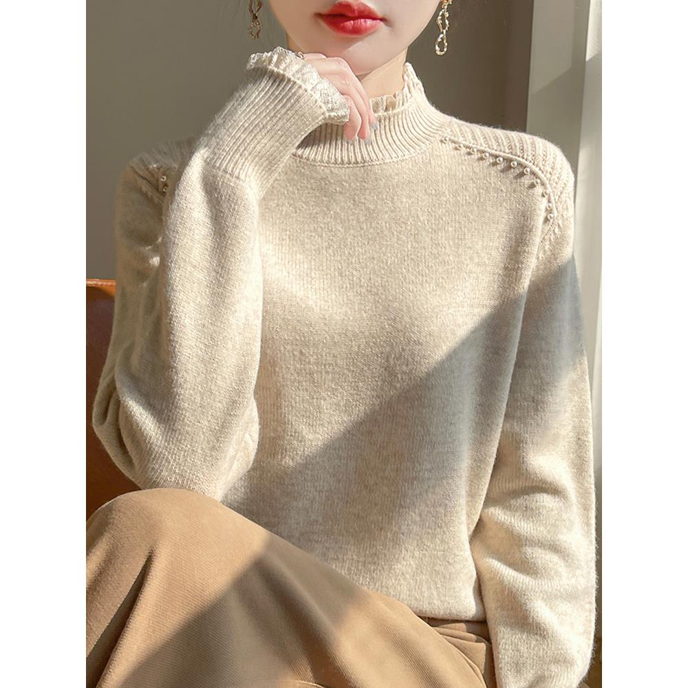 皮尔卡丹2025春秋新款木耳边设计针织打底衫女半高领毛衣减龄长袖