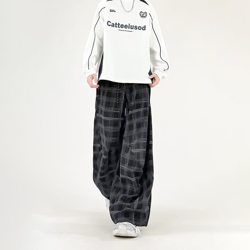 高级感格纹裤子男生春秋季垂感显瘦复古潮牌宽松直筒阔腿运动长裤