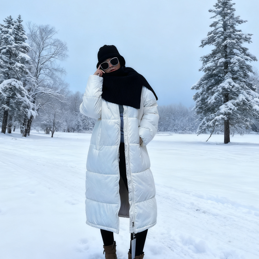 宽松型女休闲风长款白色过膝棉服冬装