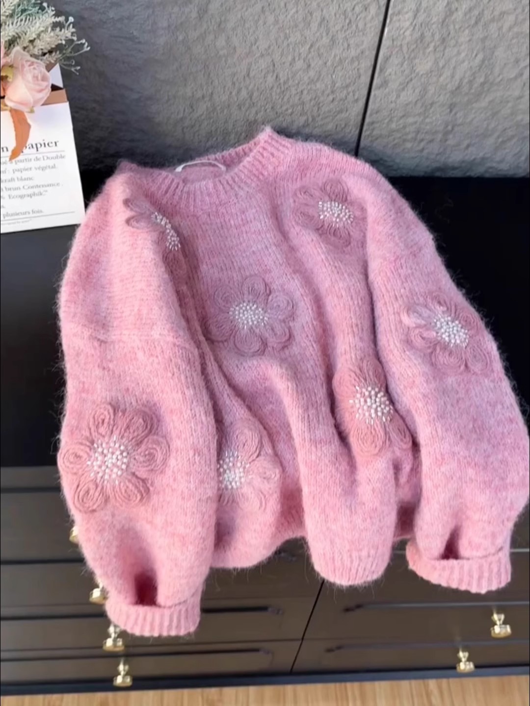 重工钉珠立体花朵针织衫女2025秋冬新款软糯圆领毛衣宽松长袖上衣