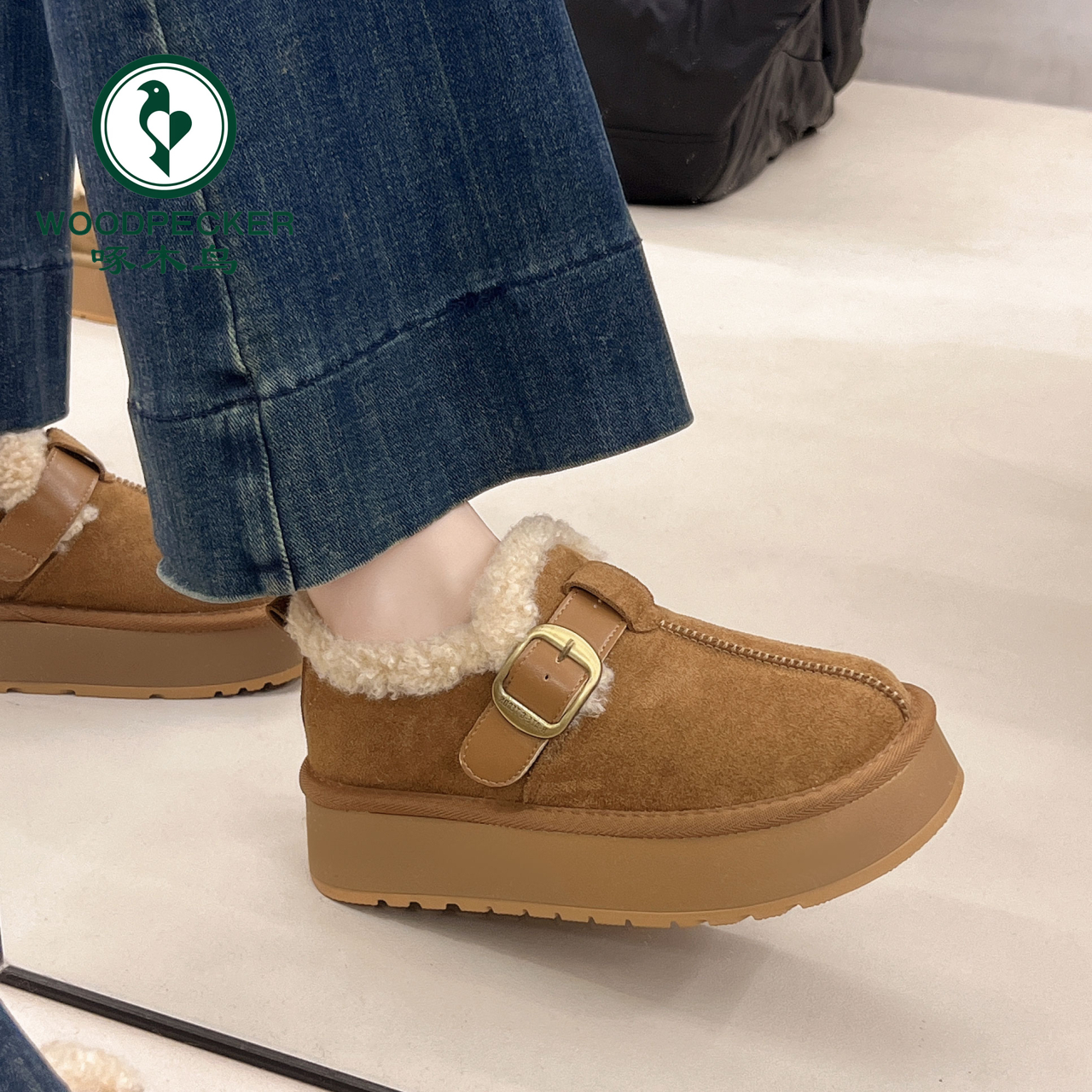 啄木鸟加绒加厚防滑厚底雪地棉鞋女冬外穿2025新款增高复古勃肯鞋