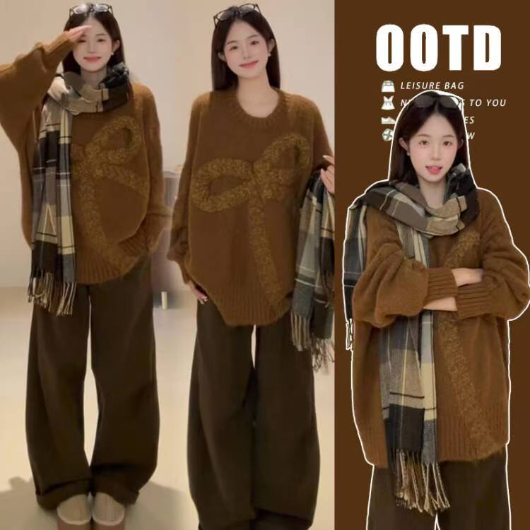 时髦孕妇秋冬甜美蝴蝶结厚毛衣慵懒保暖针织衫时尚休闲裤洋气套装