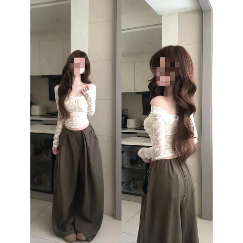 辣妹v领蕾丝衫女秋冬长袖内搭打底御姐性感紧身短款上衣宽松裤子