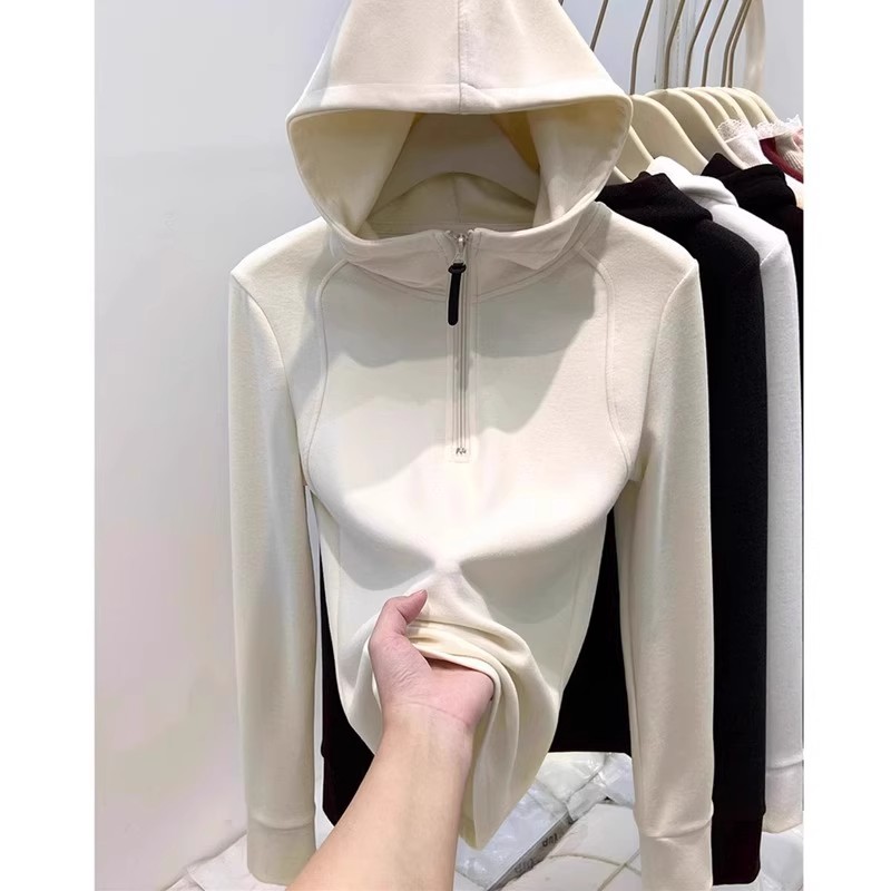 芯娇晴欧货新款半拉链双面德绒连帽卫衣女春秋加绒打底衫上衣帽衫