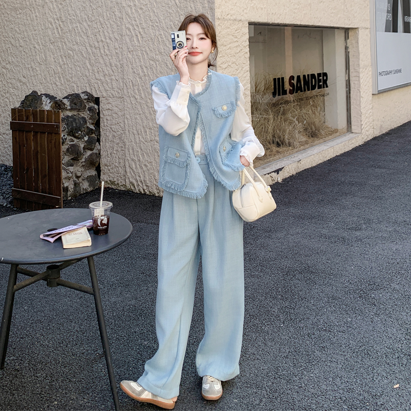 蓝色小香风套装女2025早春新款法式小众马甲衬衫阔腿裤显瘦三件套