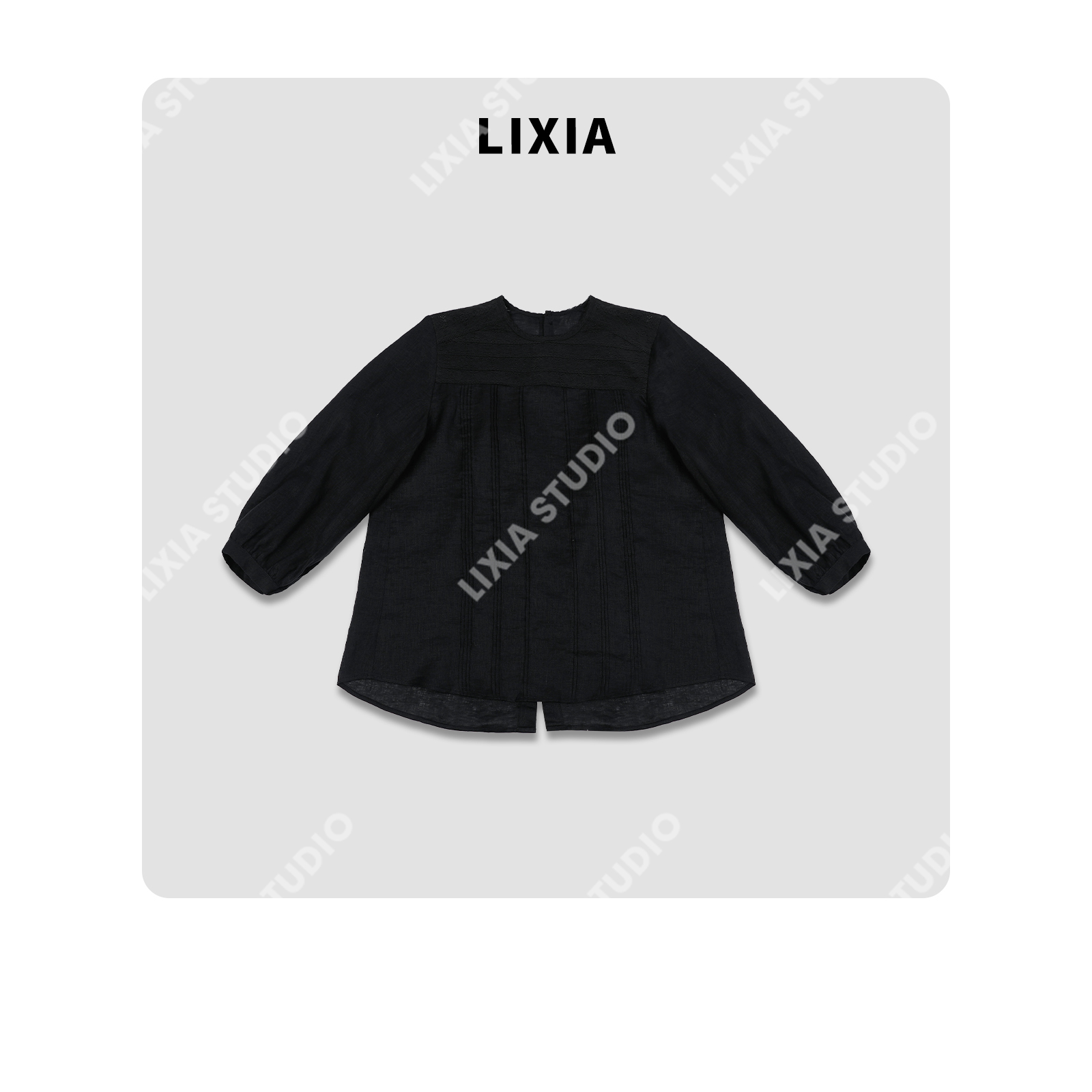 LIXIA【墨言】休闲风蕾丝设计师款宽松100苎麻圆领衬衫-D8738