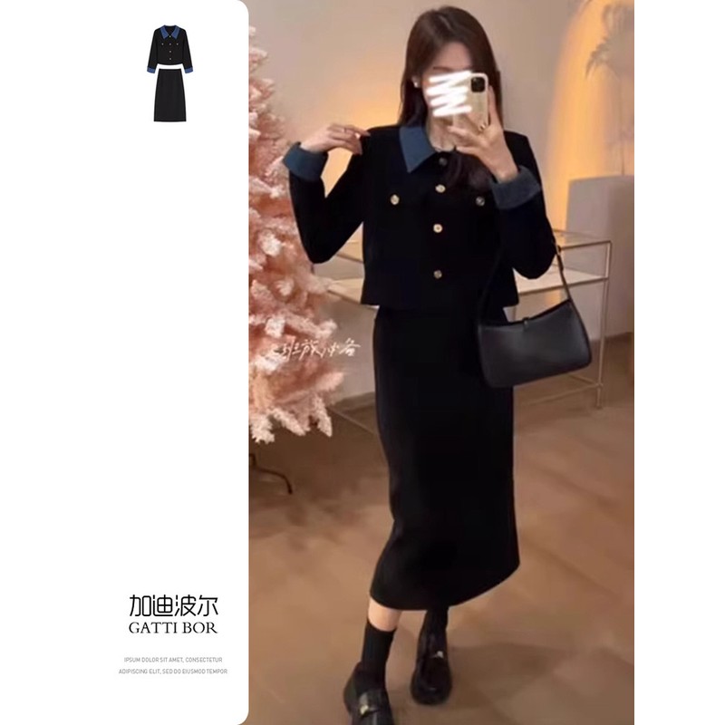 2025年新款黑色连衣裙子女长裙春季流行穿搭一整套小个子香风套装