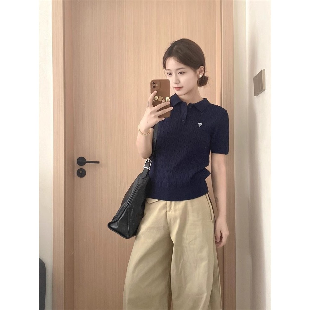 韩系藏青色polo领针织短袖t恤女夏季独特超好看短款正肩上衣