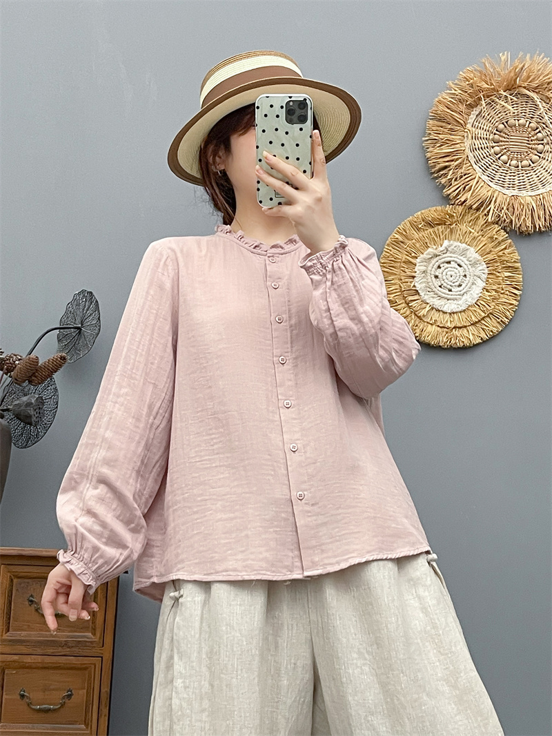 木耳领双层棉纱长袖衬衫女法式文艺柔软亲肤透气纯棉打底衫86310