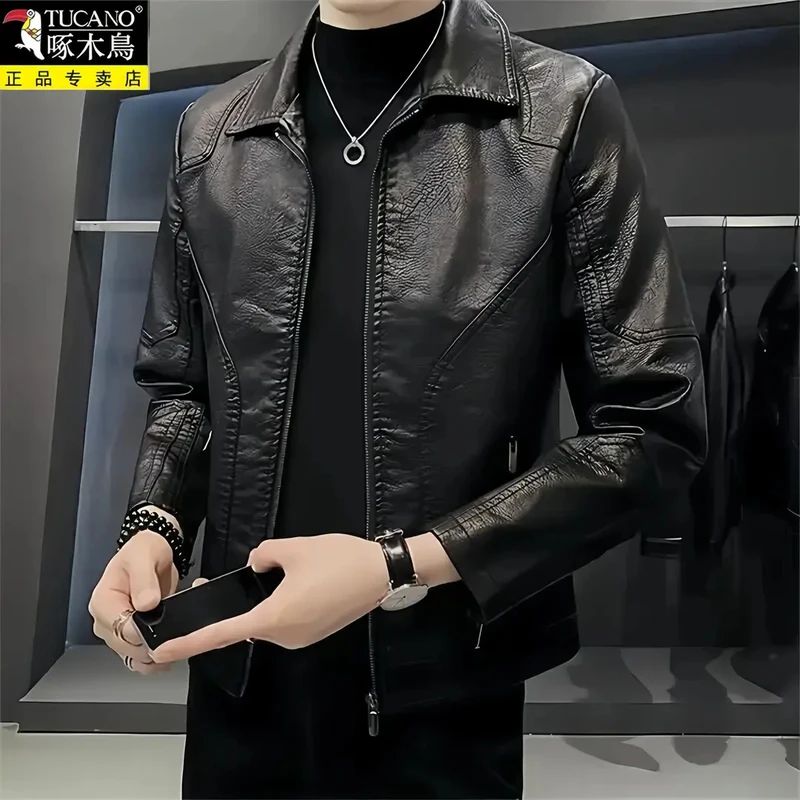 啄木鳥海宁皮衣男士秋冬季机车皮夹克时尚潮流痞帅外套潮牌上衣男