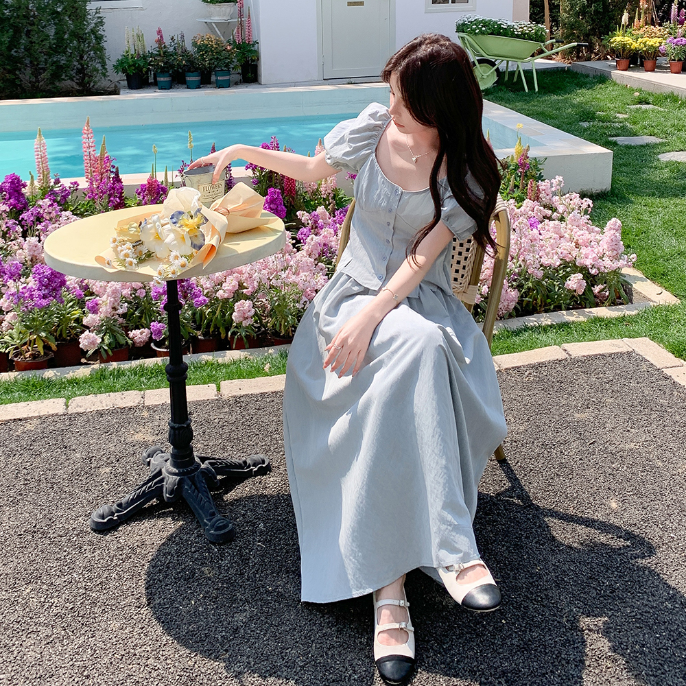 泡泡袖上衣高腰显瘦收腰半身裙两件套少女2025夏季新款甜美套装裙