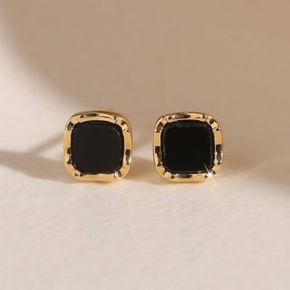 合金耳饰 精美黑色几何方形耳钉睡觉免摘小巧精致耳环小香风耳饰