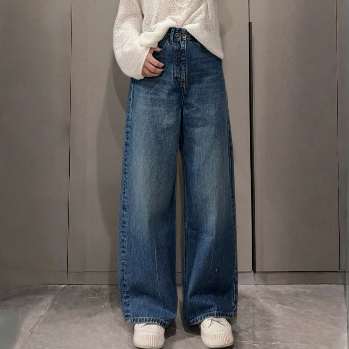 「金子专属」日本高支棉高腰阔腿牛仔裤女款新款全棉复古水洗拖地裤