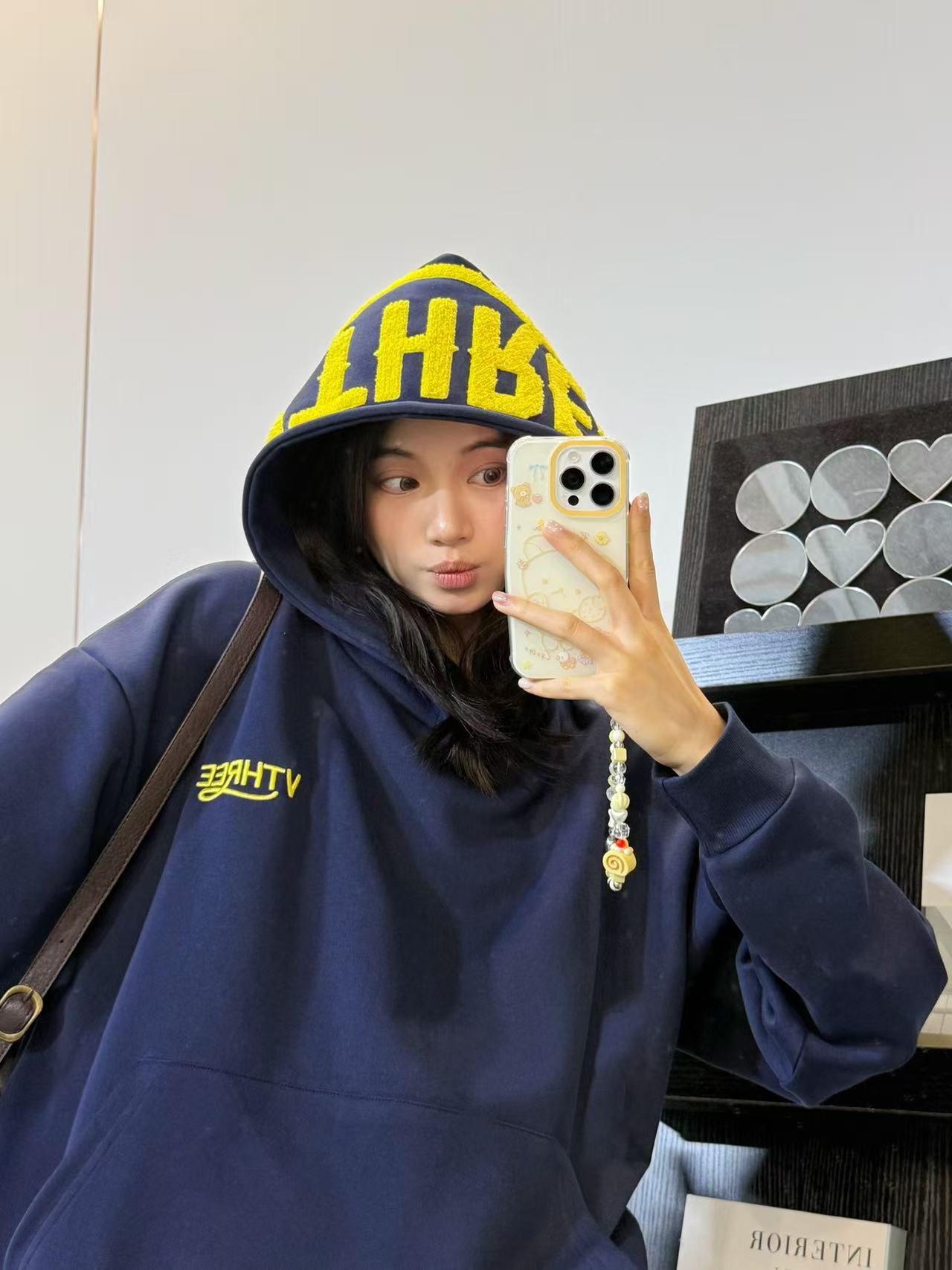 VThree美式复古连体字母毛巾刺绣设计连帽卫衣宽松