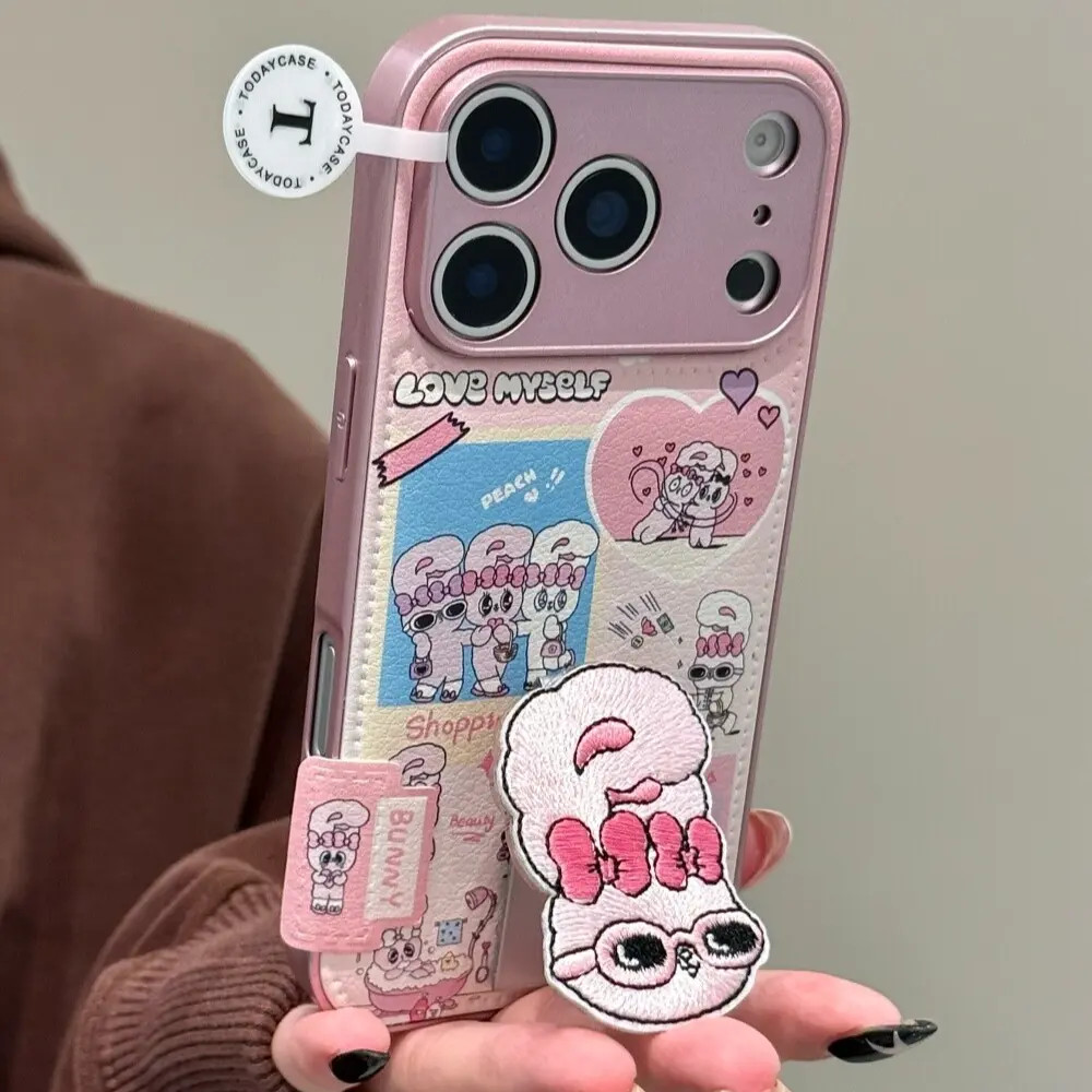 可爱日常小兔适用苹果17pro手机壳刺绣支架iphone16个性14女款13