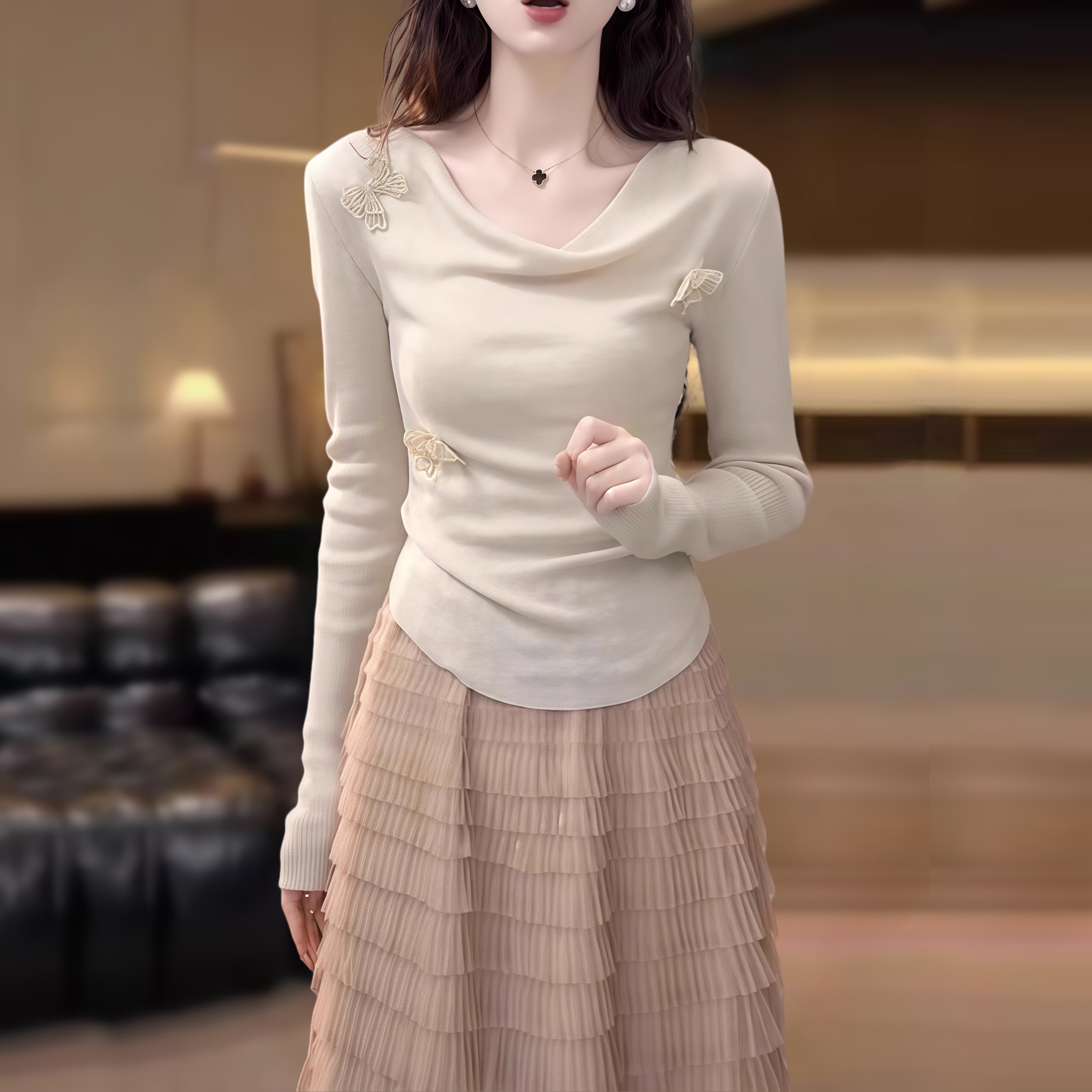 设计感荡领立体蝴蝶长袖针织衫女春季2025新款减龄显瘦气质上衣