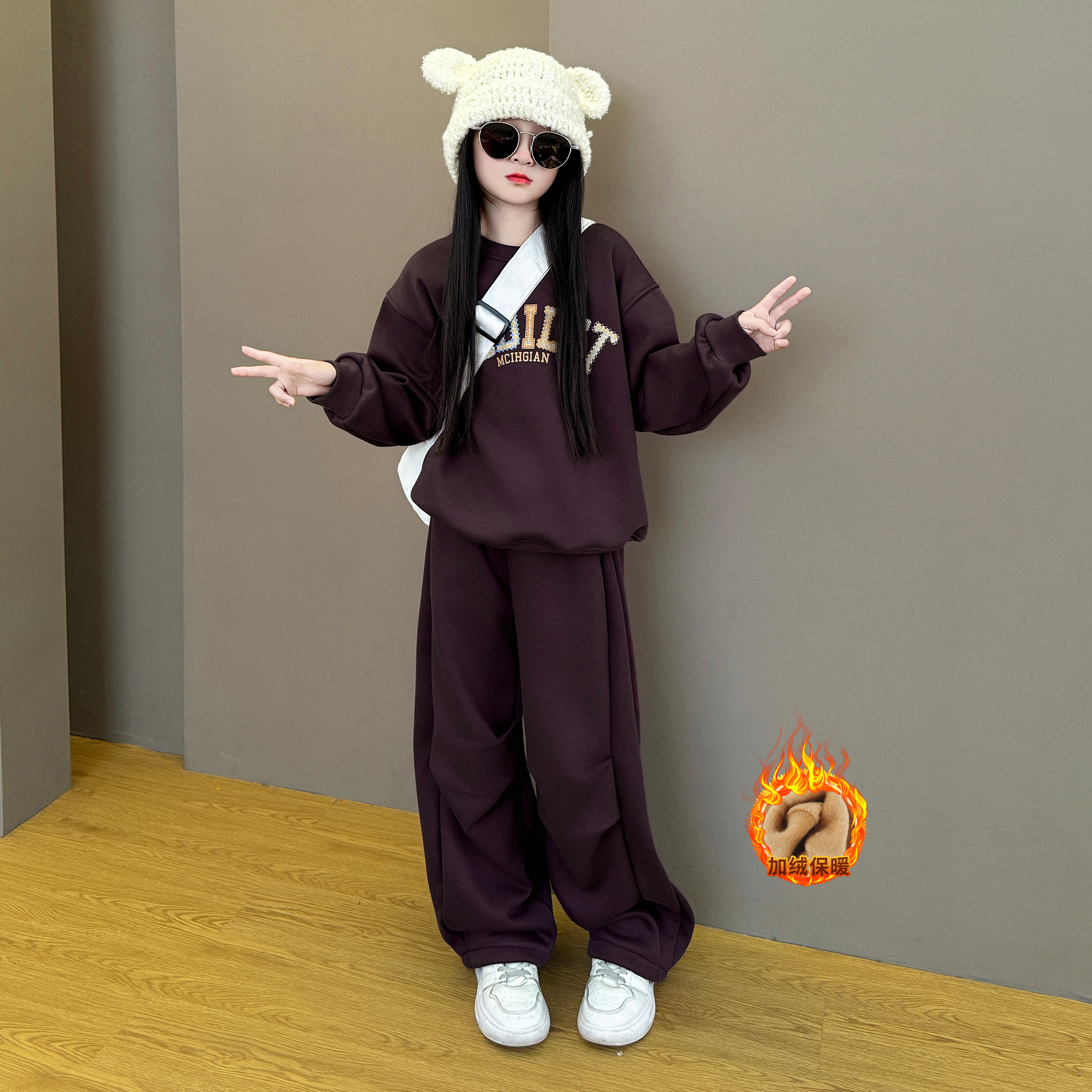 女童卫衣2025新款韩版时尚洋气休闲运动服针织裤秋冬加绒套装潮酷