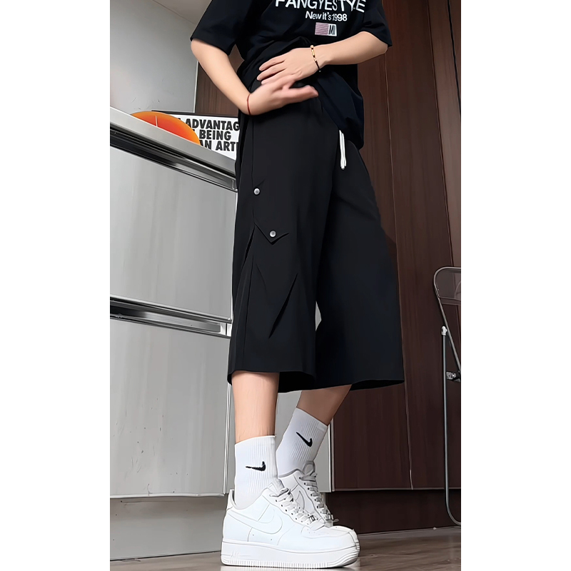 夏季宽松休闲工装凉感七分裤男大码宽松过膝美式潮牌短裤垂冰丝裤