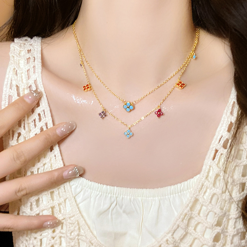 铜锆石项链 幸运四叶草项链法式轻奢叠戴锁骨链彩色多巴胺耳钉镶