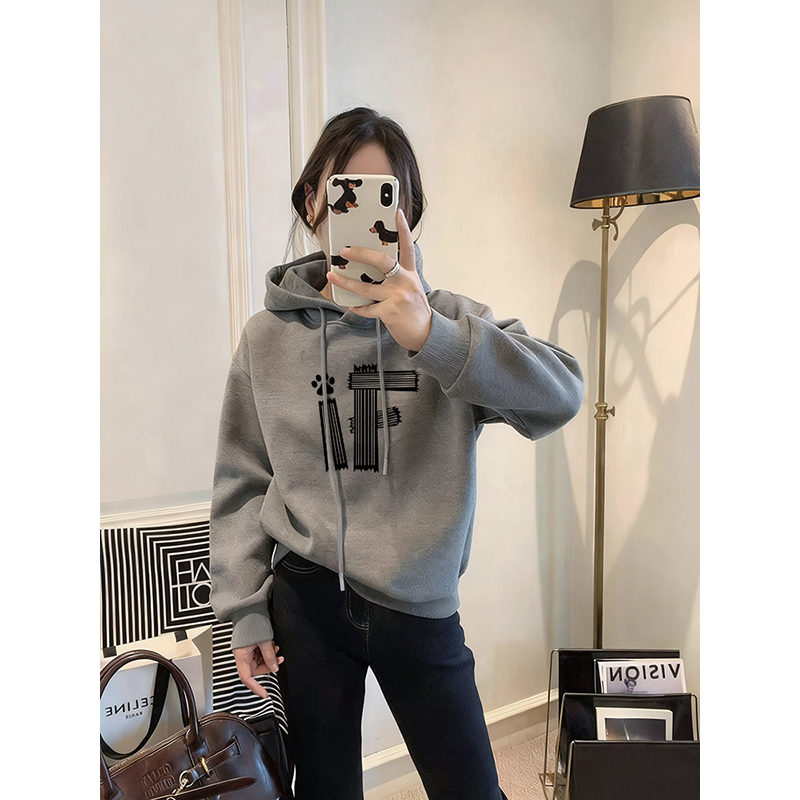 2025秋冬新款设计感小众加绒加厚套头连帽卫衣女短款宽松韩版外套