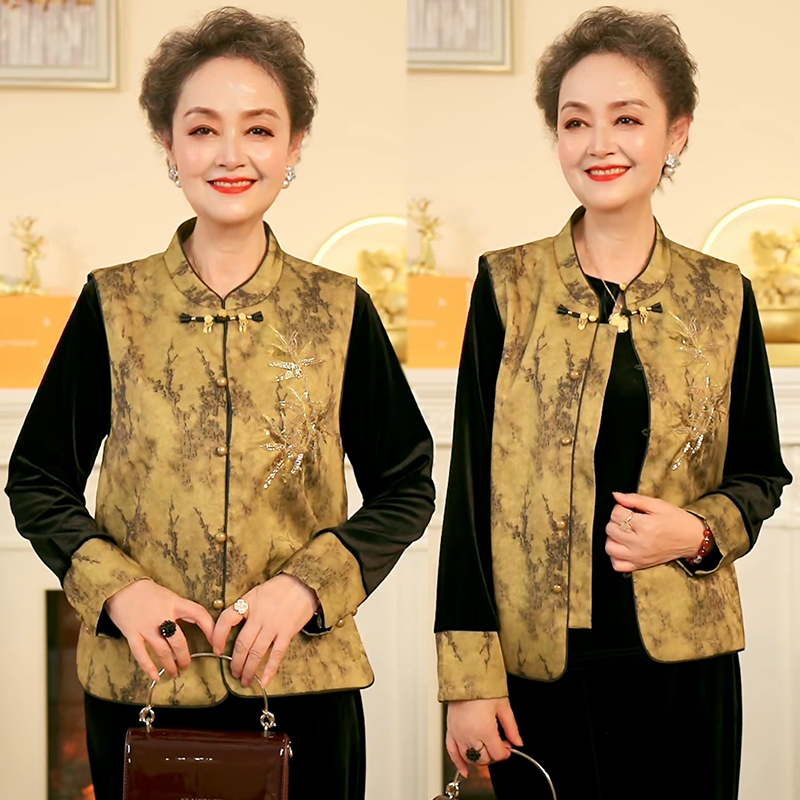 时尚妈妈装秋季新款长袖国风刺绣三件套装丝绒T恤中年气质马夹女