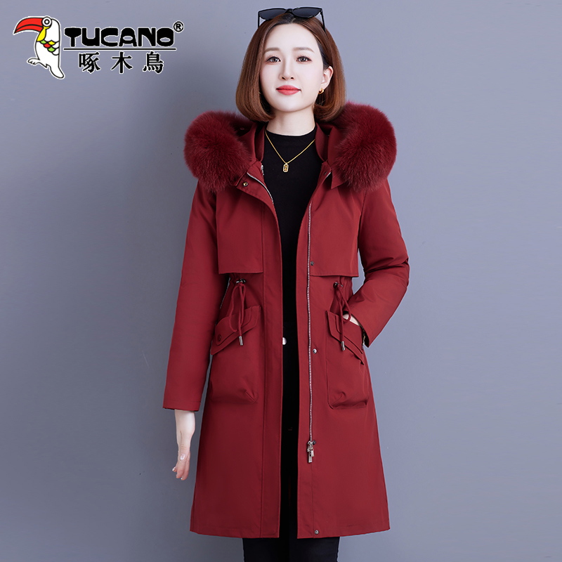 【官方】啄木鸟活里活面羽绒服中长款新款时尚修身大毛领派克服外套