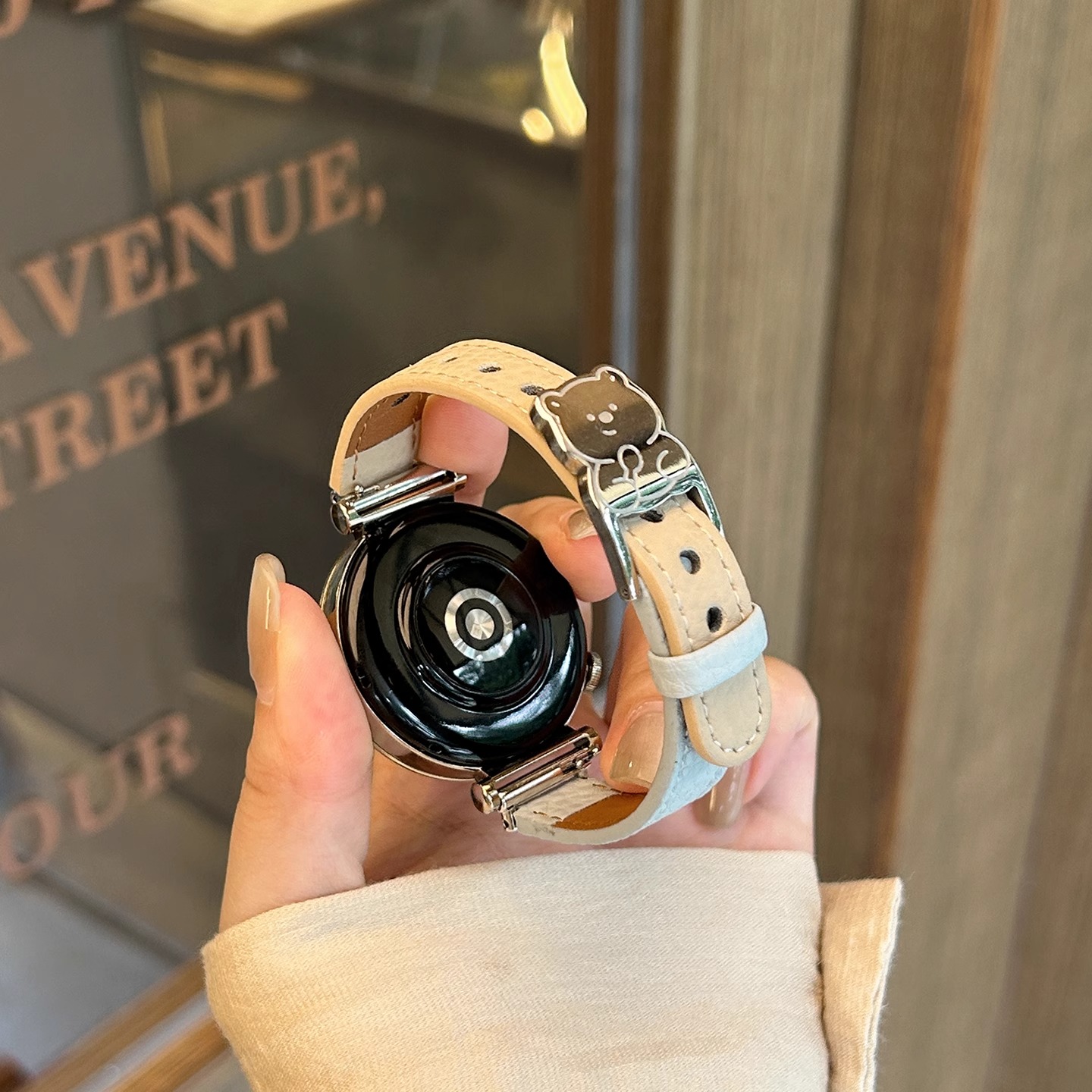 适用小米手表s4新款41mm表带皮质拼色小熊腕带可爱卡通荔枝纹腕带