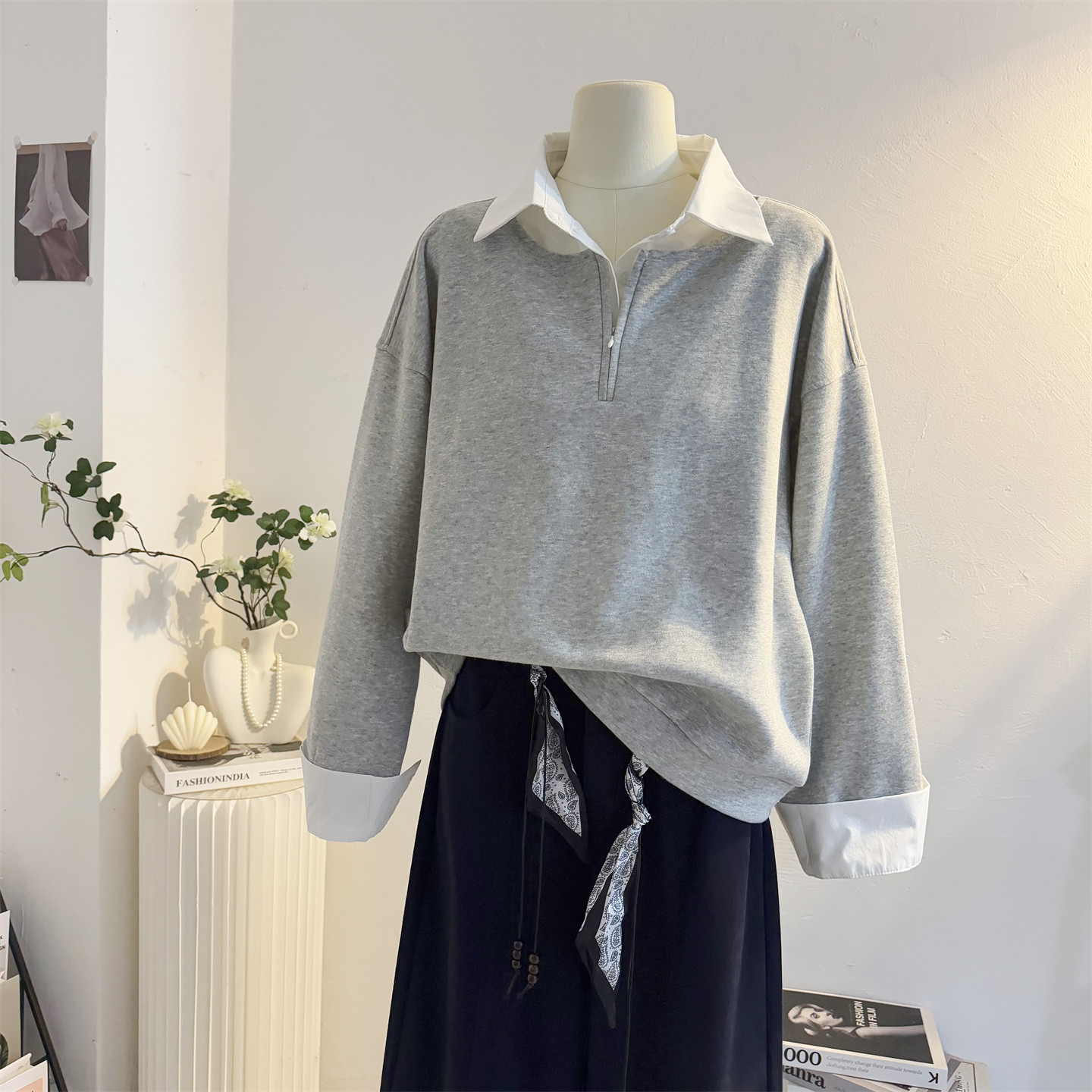 灰色假两件长袖卫衣女2025春秋季衬衫拼接设计感宽松休闲套头上衣