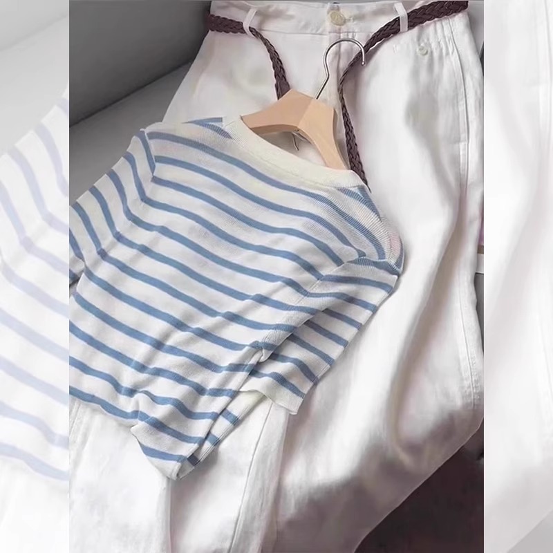 韩系蓝色条纹冰丝短袖t恤罩衫女夏季外搭宽松薄纱上衣防晒空调衫