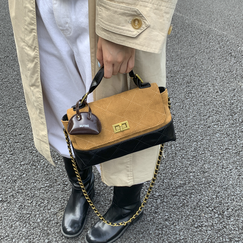 都市简约复古麂皮绒手提公文包包女潮时尚小香风菱格链条包斜挎包