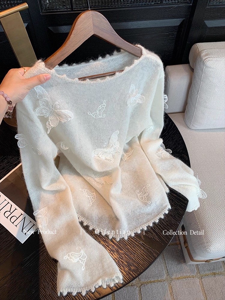 法式白色慵懒风立体蝴蝶刺绣毛衣女秋季新款气质温柔软糯针织上衣