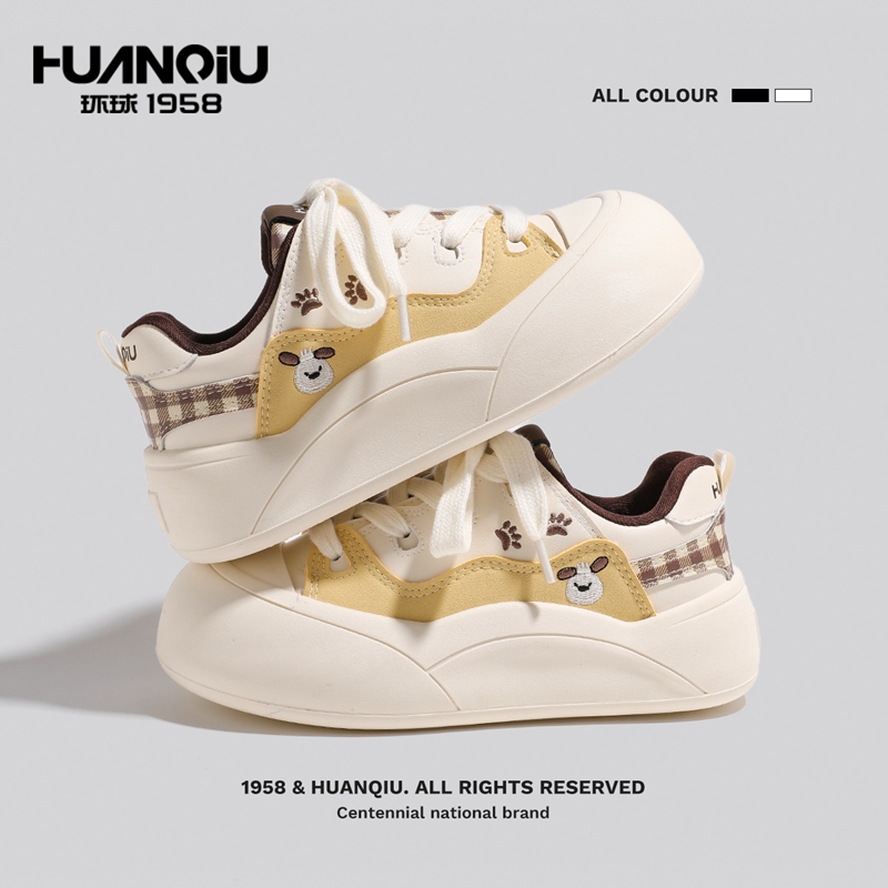 环球爆款可爱小狗刺绣厚底大头鞋冬季格纹拼接甜妹风百搭休闲鞋