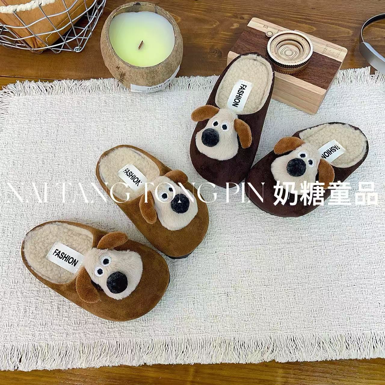 【黑巧布丁】韩版儿童可爱卡通外穿毛拖鞋时尚复古百搭休闲勃肯拖鞋