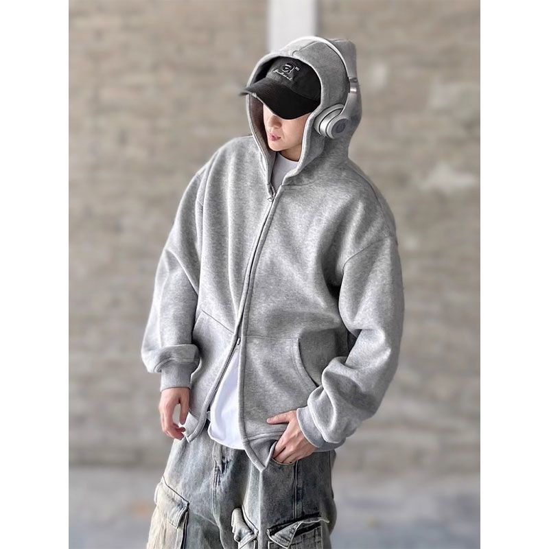 加厚冬季卫衣外套保暖秋冬加绒宽松休闲灰色开衫男款长袖连帽上衣