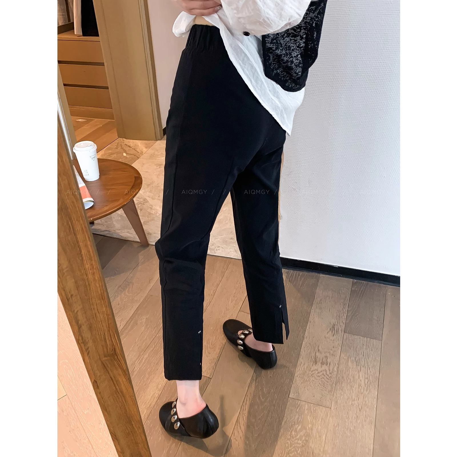 夏季薄款垂感黑色休闲裤女胖mm高腰显瘦凉感弹力直筒开叉九分裤子