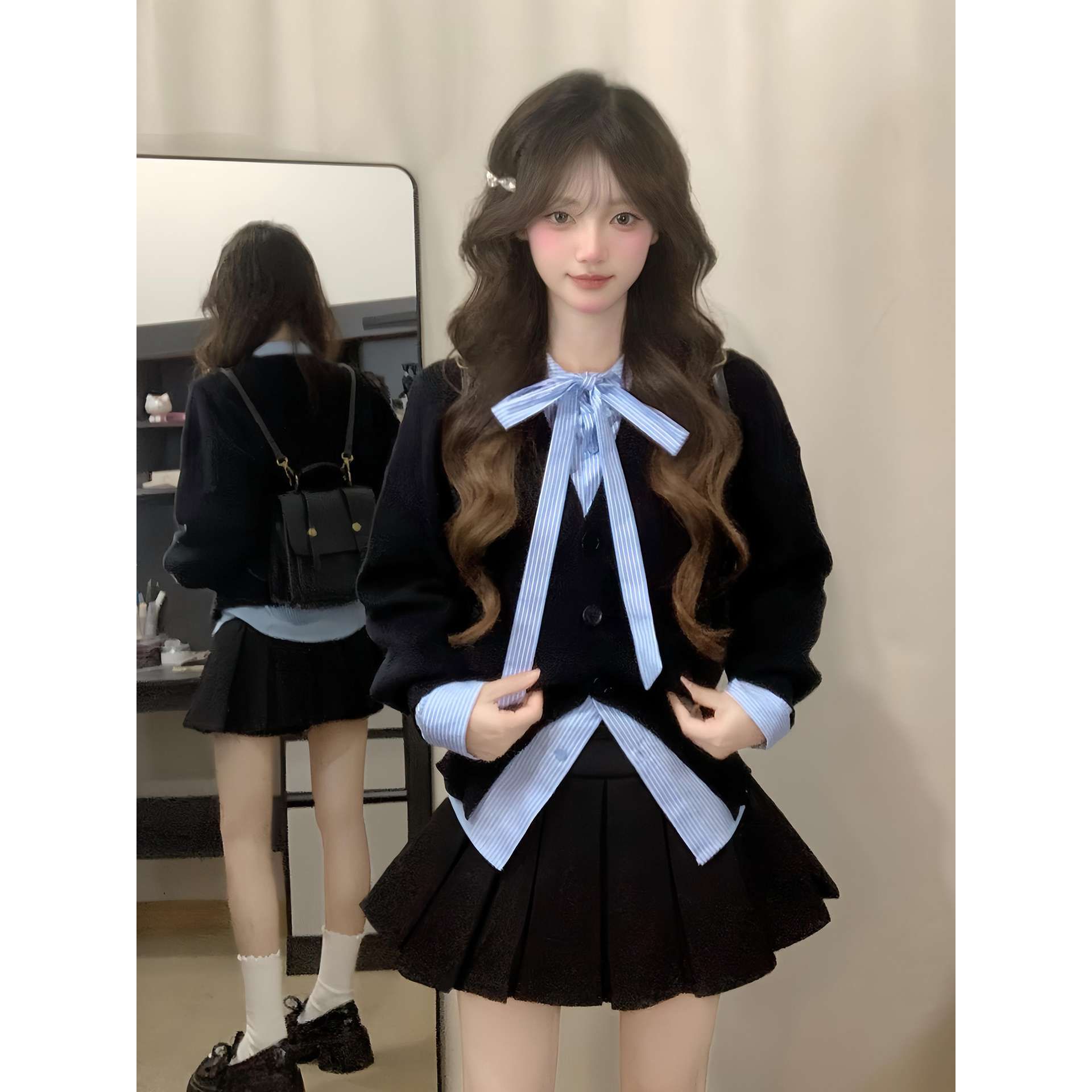 巨好看早秋季蝴蝶结衬衫叠穿连衣裙女秋冬2025新款小个子穿搭套装