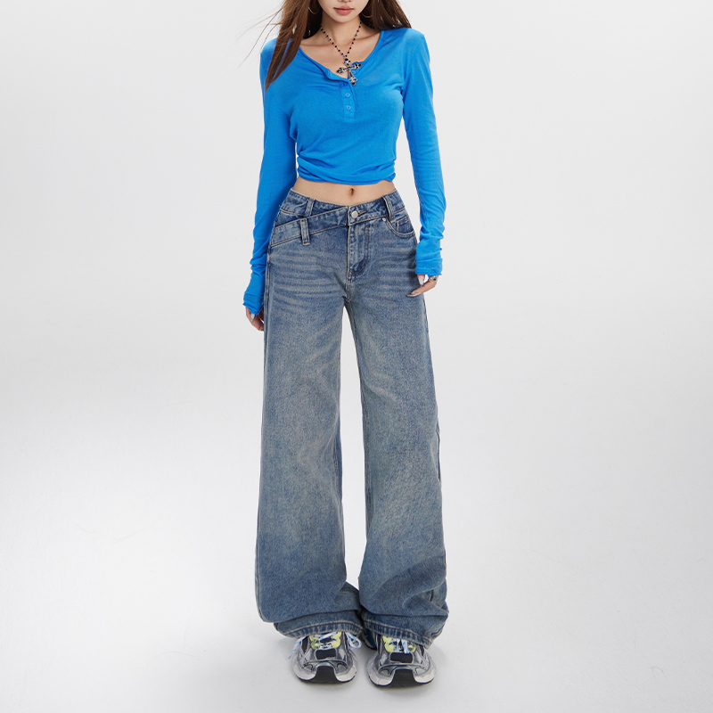 美式复古低腰宽松直筒裤水洗不规则腰设计秋冬百搭显瘦牛仔裤女