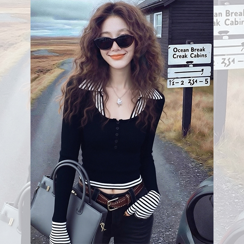 别致独特漂亮内搭黑色假两件polo小衫女秋冬洋气百搭针织衫上衣服