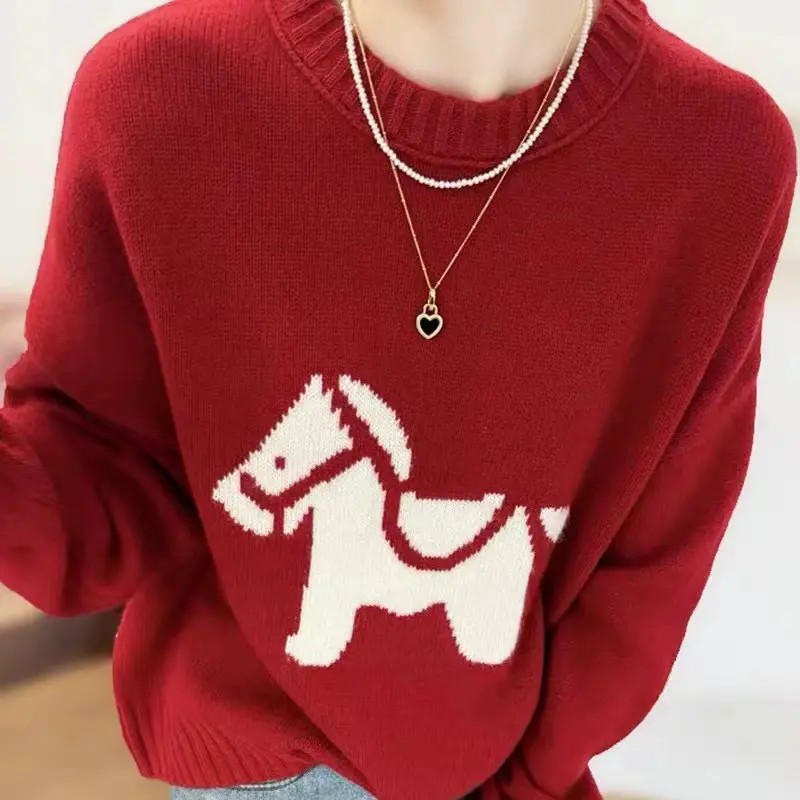 绒探长洋气氛围感~欧货减龄100纯羊毛针织衫圆领刺绣小马软糯打底