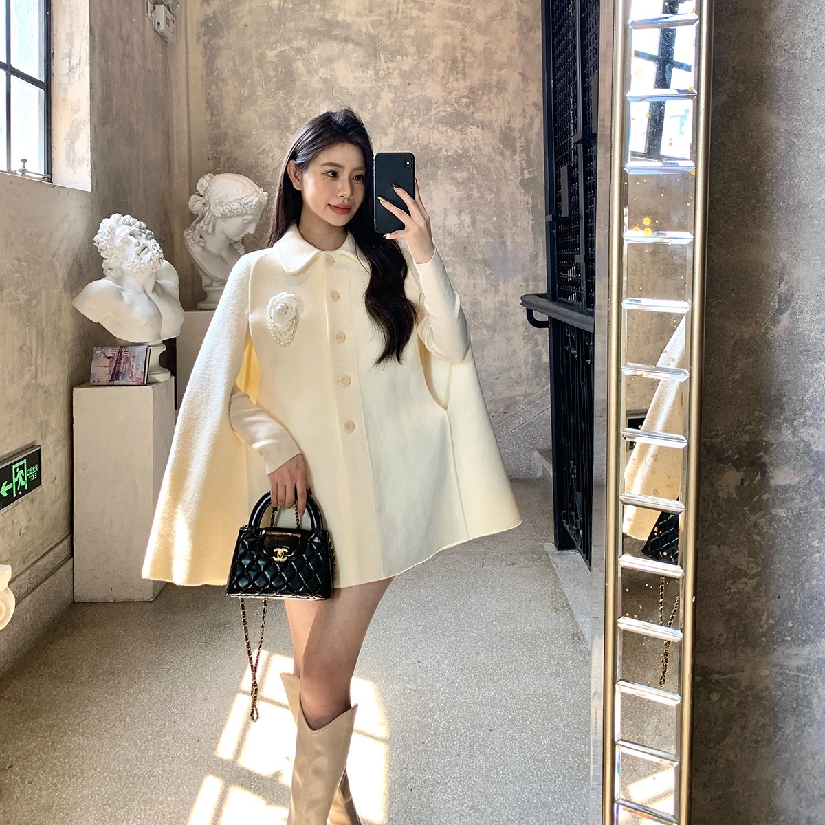 法式慵懒风时尚新款针织千金风高级感山茶花防水貂毛斗篷毛呢外套