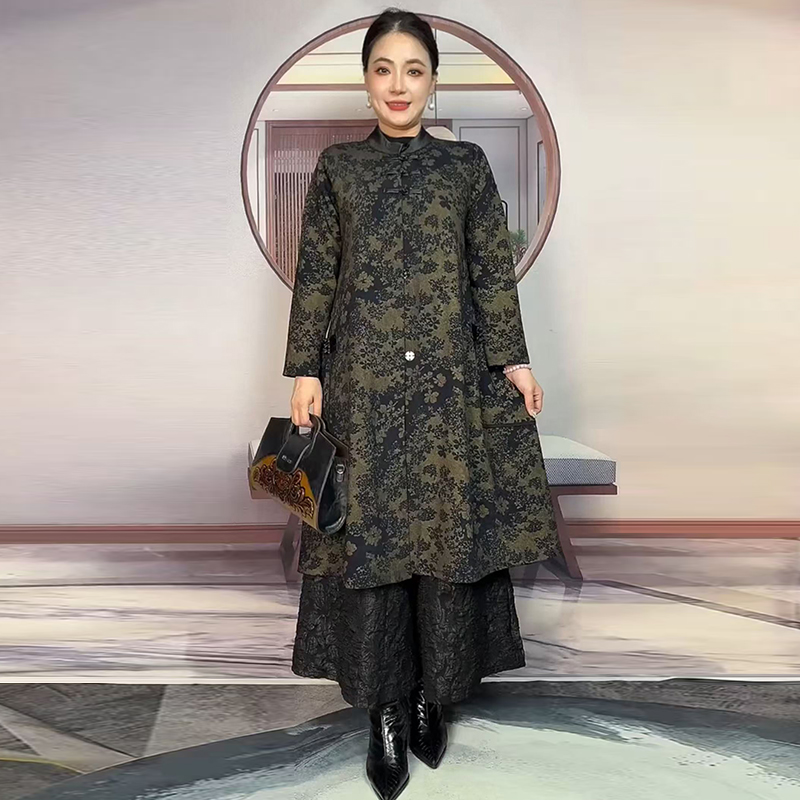 妈妈装大码中长款风衣外套2025秋季新款中老年女印花修身显瘦大衣