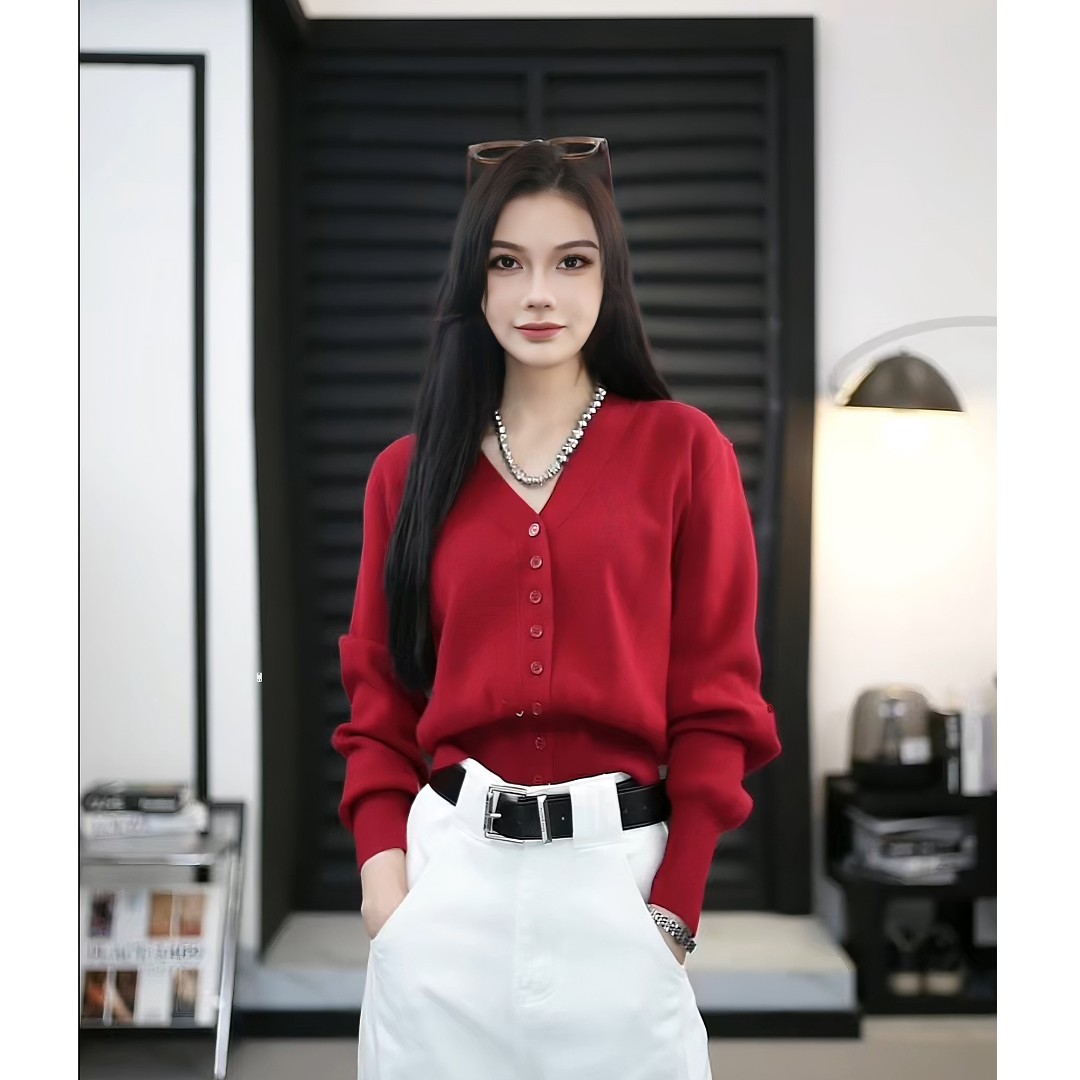 RoseGirls【秋日氛围】红色毛衣针织开衫女秋冬v领复古小众毛衫外套